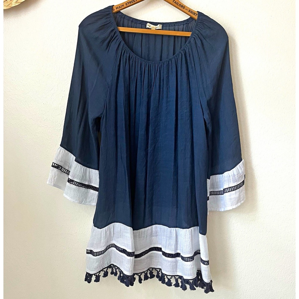 Indigo Soul blue white tassel hem tunic blouse 3/4 sleeve L hippie boho flowy